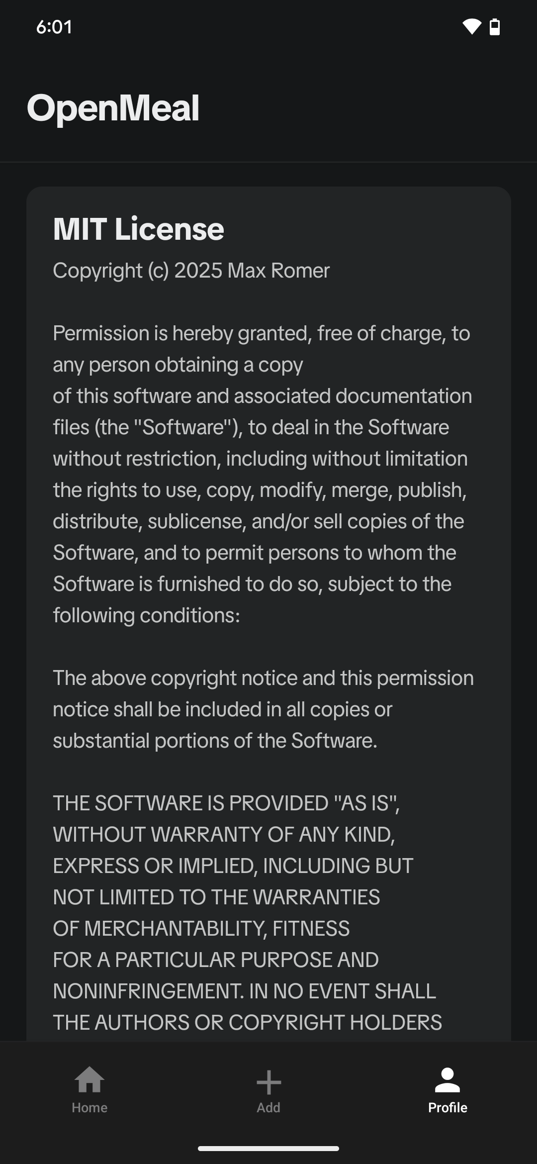 MIT License in profile tab shown